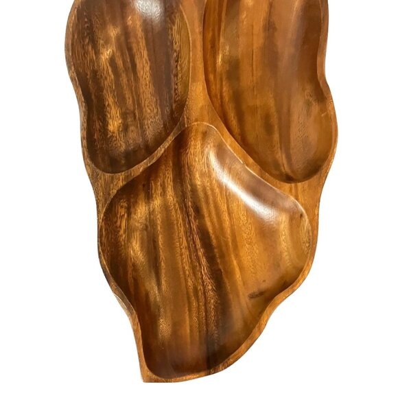 VTG Monkey Pod Wood Leaf Shaped 3 Section Divided Serving Tray/Bowls/Dish-14" - Picture 13 of 16